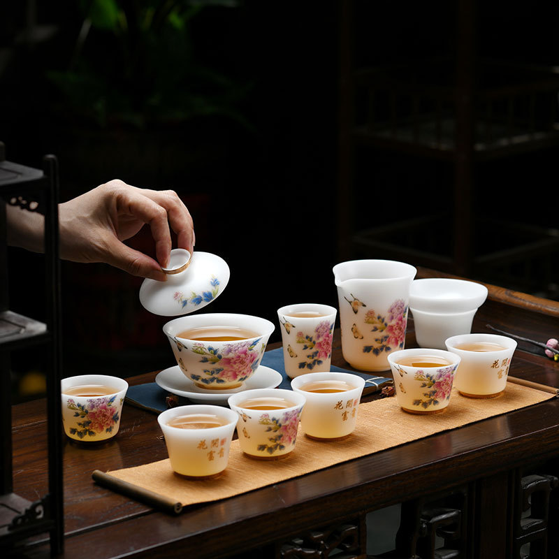 德化冰种羊脂玉功夫茶具礼盒套装高端轻奢家用牡丹花盖碗茶具茶杯