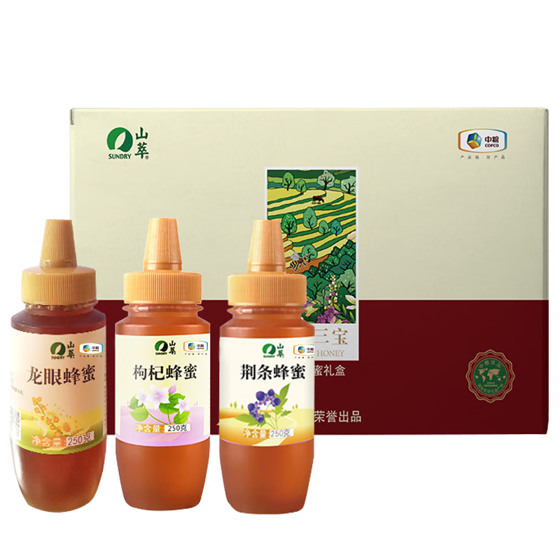 杭州中粮总代理商15067106445山萃吉祥三宝蜂蜜礼盒750g