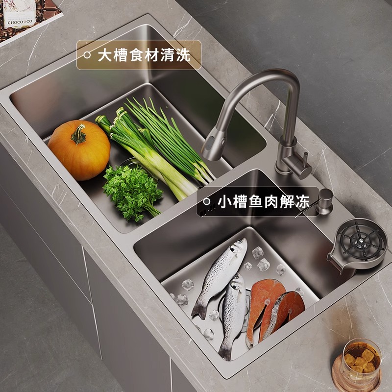 yszyll枪灰304不锈钢双槽水槽厨房加厚台下盆洗菜盆洗碗池洗手池