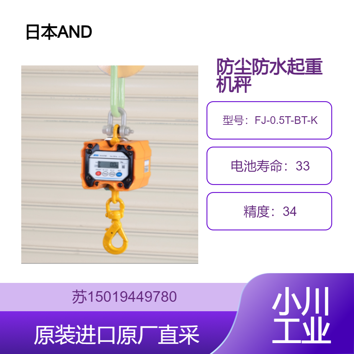 日本AND FJ-0.5T-BT-K防尘防水起重机秤 适用恶劣工业环境 IP65 等级