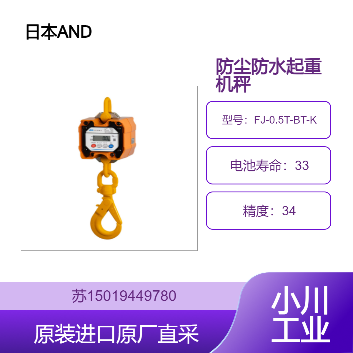 AND 日本 防尘防水起重机秤 FJ-0.5T-BT-K 多种称量功能 便于操作读取