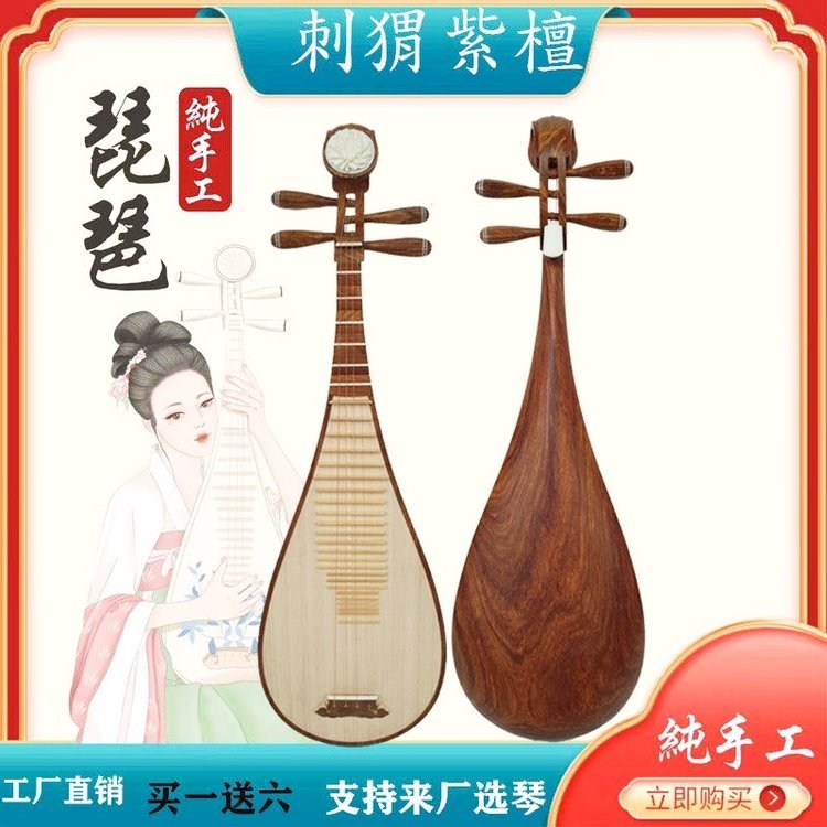 纯手工酸枝木琵琶 考级演奏两用 刺猬紫檀背板专业琴弦佳品
