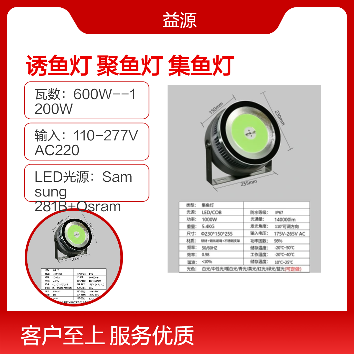 120°发光角银色LED诱鱼灯 海船专用 IP67防水大功率聚鱼灯