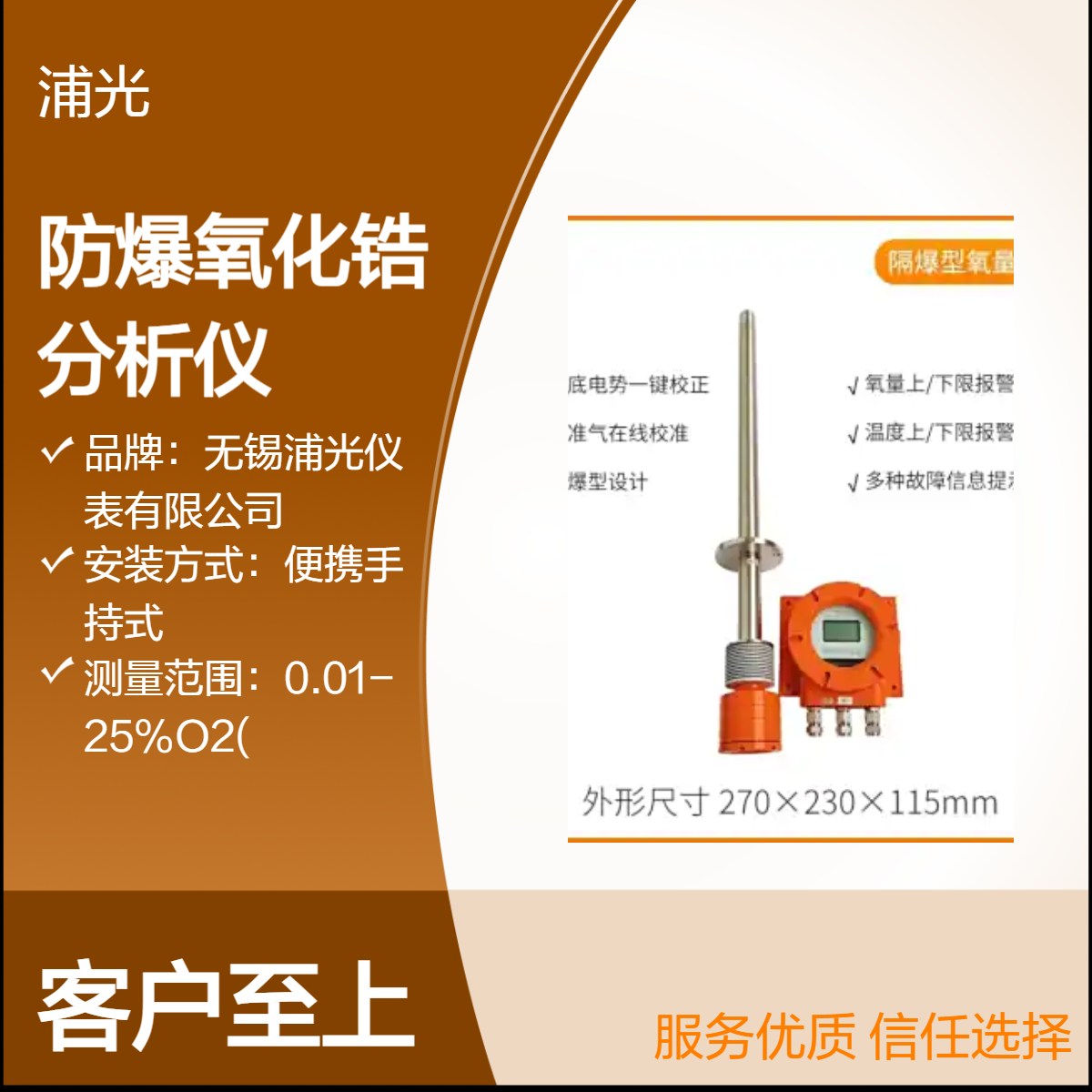 浦光仪表 中温直插式氧化锆分析仪 锅炉烟囱管道氧气含量检测仪器