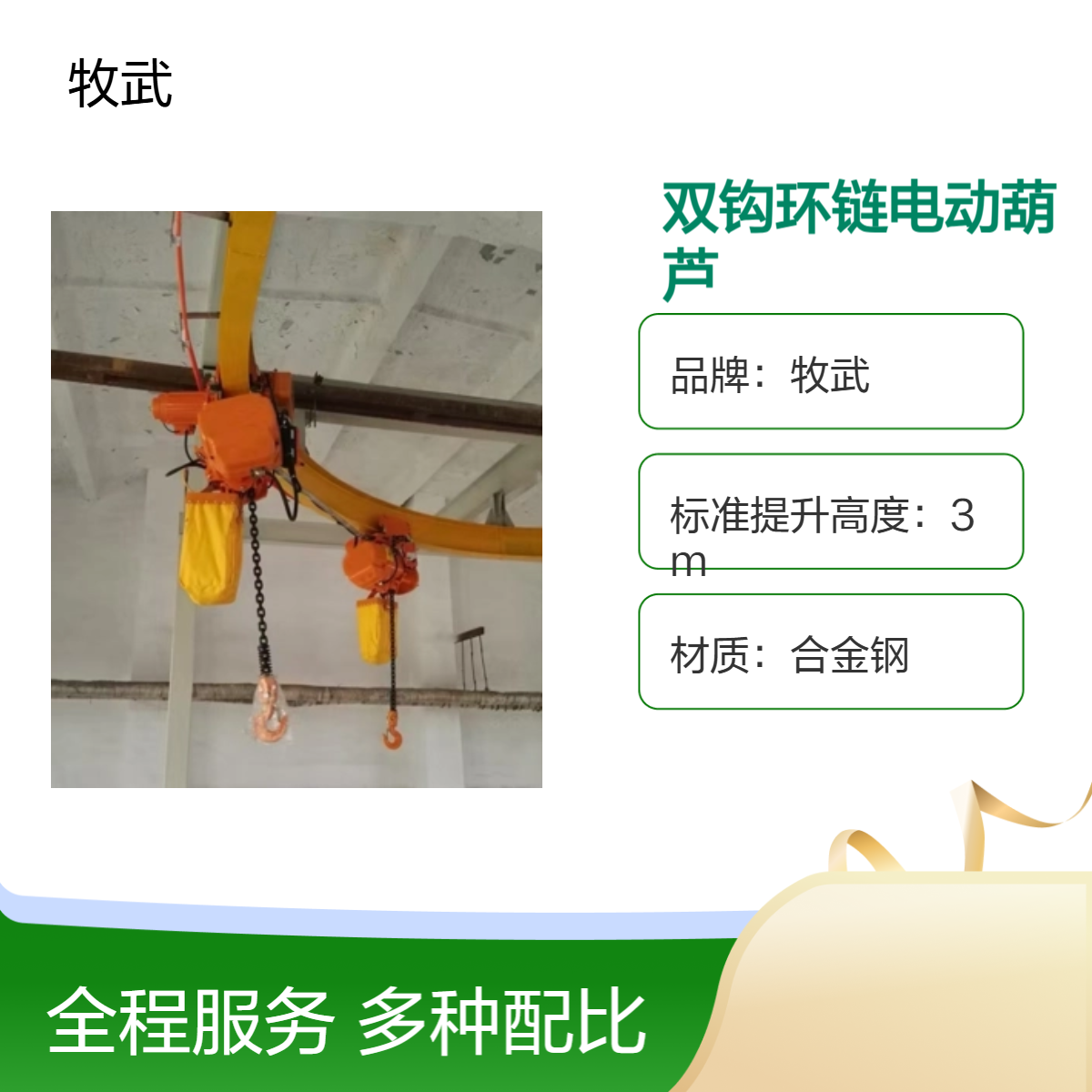 牧武2吨双钩环链电动葫芦 钩间距2米 起升4m涂装流水线专用