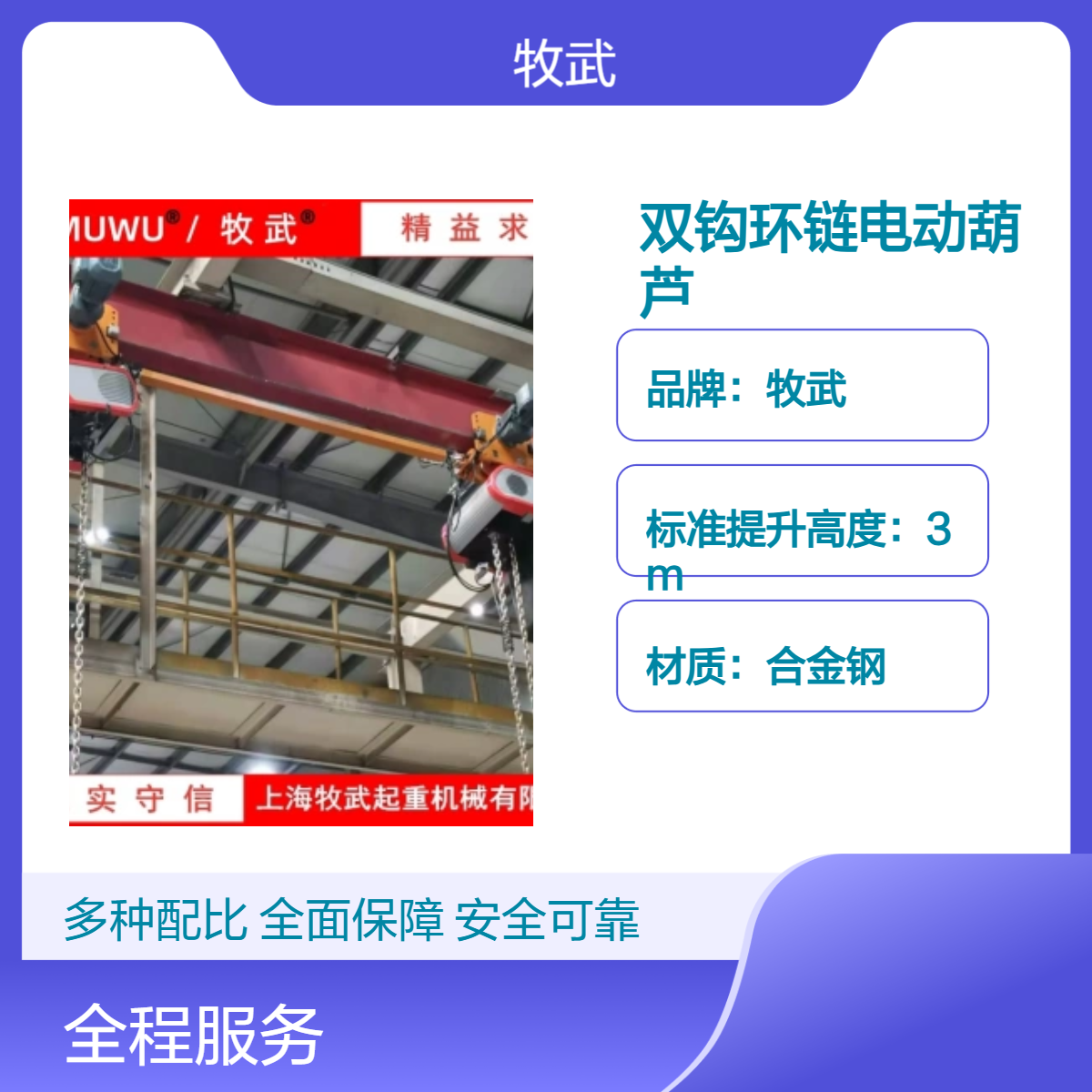 牧武5吨双钩环链电动葫芦车架转运流水线作业 3kW合金钢材质