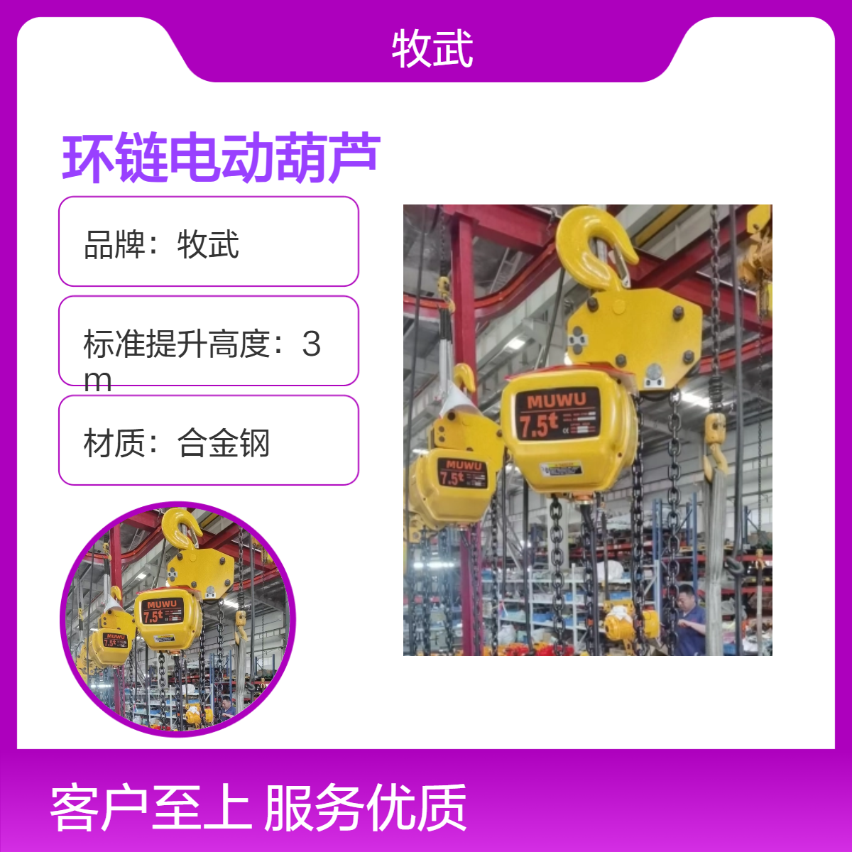 牧武7.5t环链电动葫芦 380V 3kW电机 5m起升 车间厂房专用
