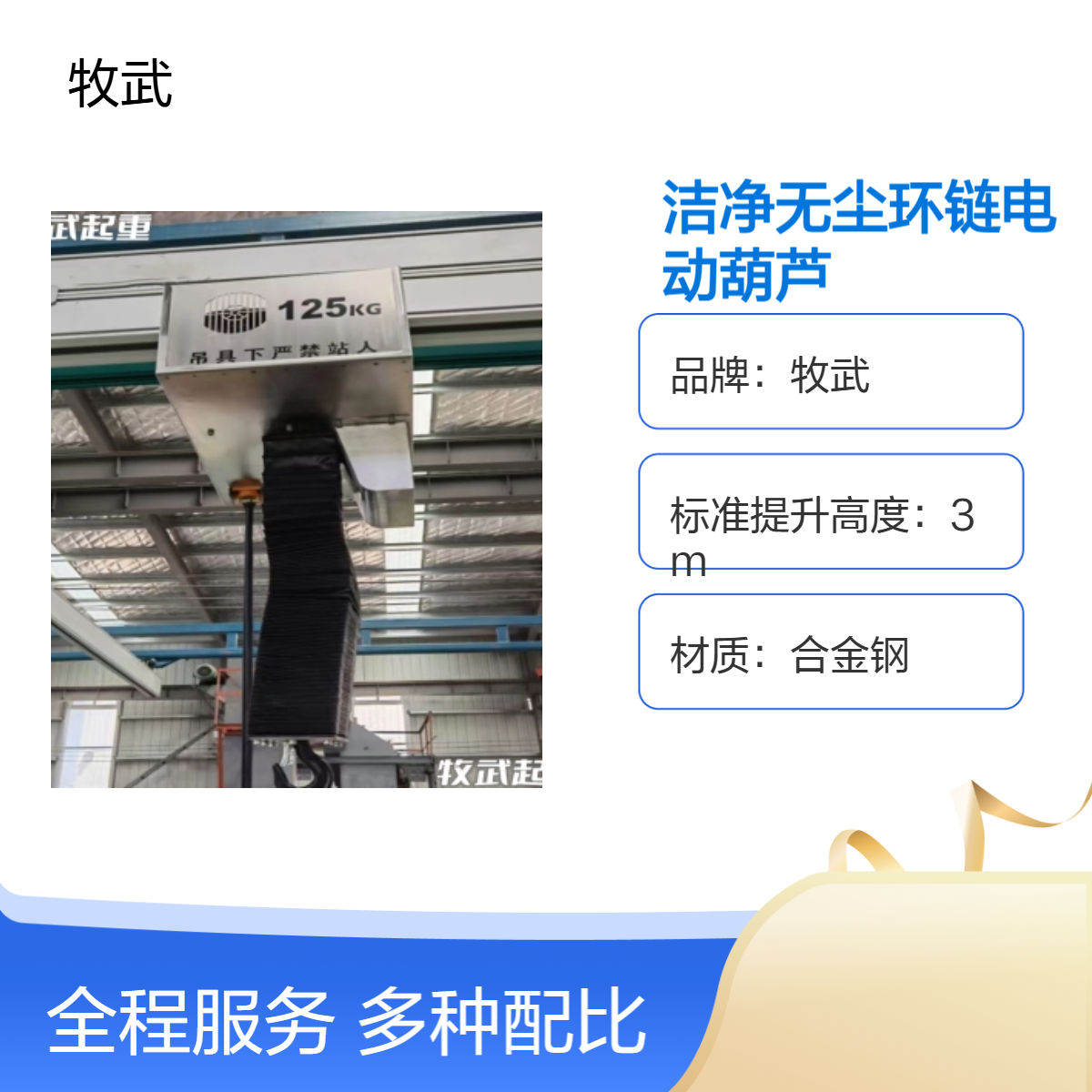 牧武125kg运行式万级洁净室环链电动葫芦 洁净锂电行业无尘电葫芦