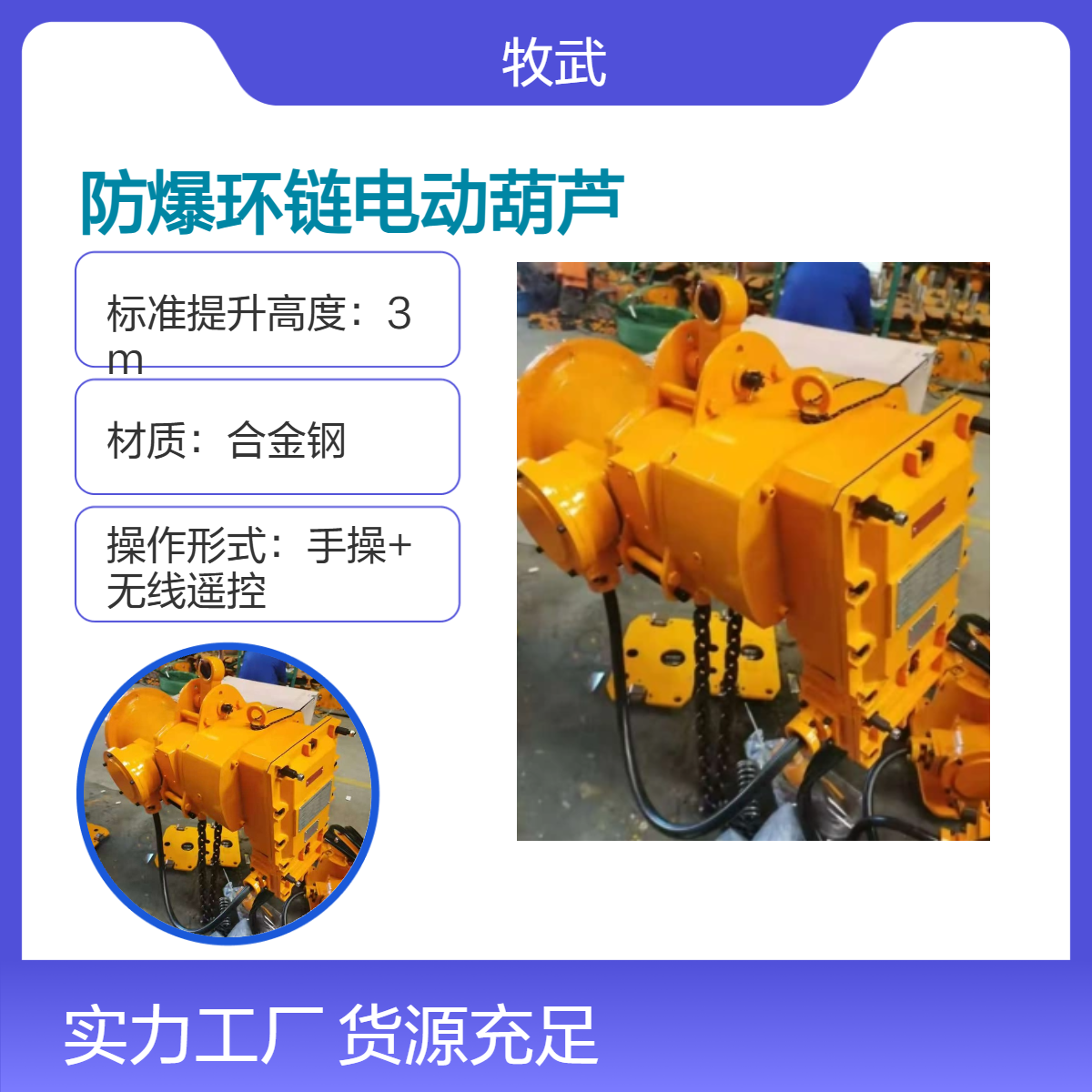 牧武2T气体防爆环链电动葫芦II CT4 1.5kW电机 7m起升高度化工业用