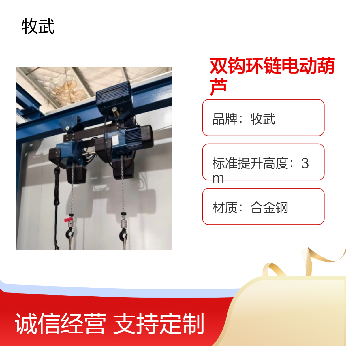牧武起重2T双吊钩环链电动葫芦 连杆连接 同升同降 涂装车间3m起升