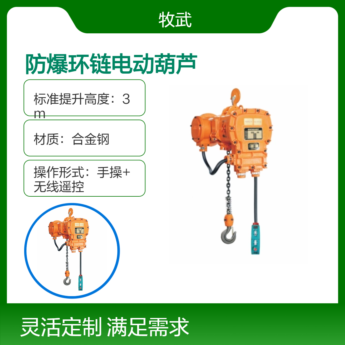 气体防爆环链电动葫芦 380V电压 3kW电机 2t4m起升 IIBT4 四级防爆