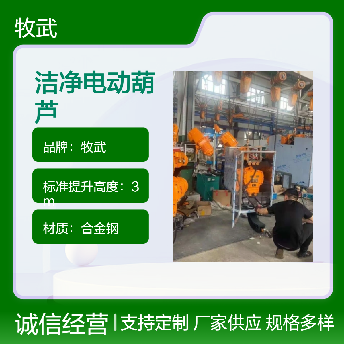 牧武1吨洁净防爆电动葫芦 粉尘A21 T135° 合金钢材质 无尘车间5m高度