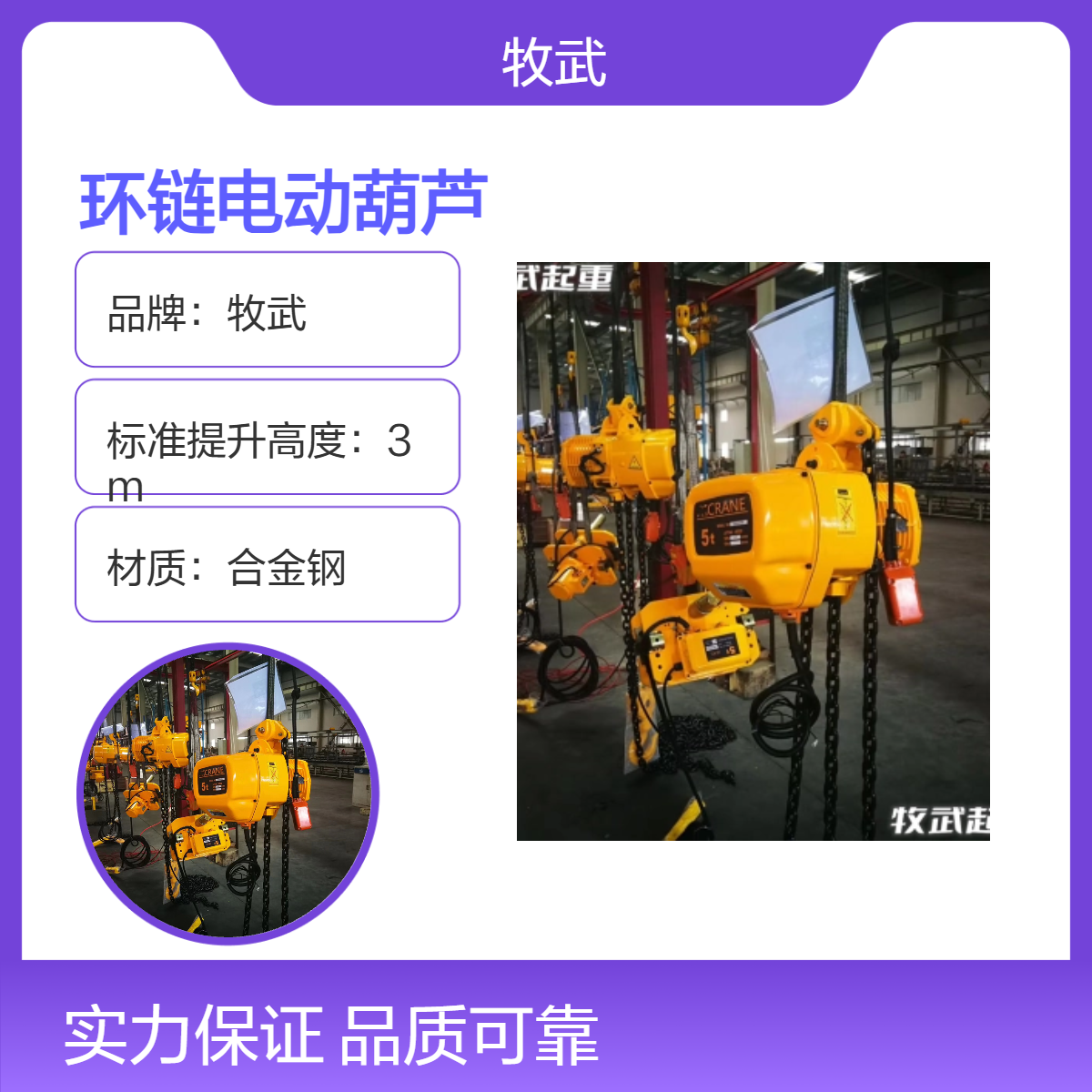 牧武起重5T双链单速运行式环链电动葫芦 型号MWH-05002SE 起升6米