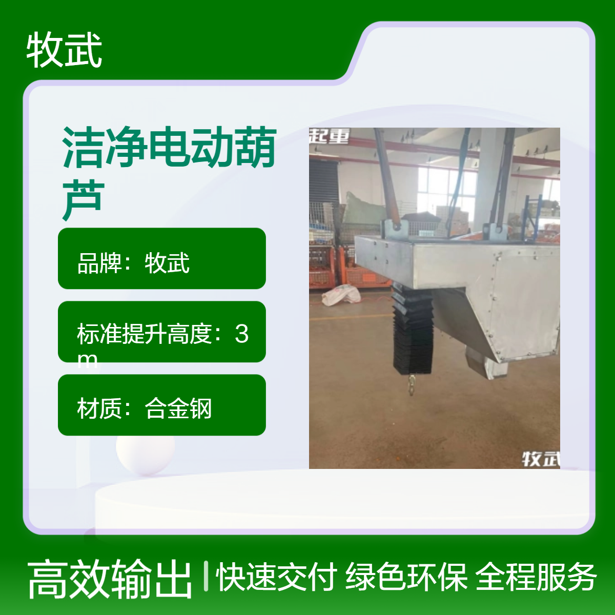 牧武3T低净空洁净环链电动葫芦 3kW合金钢材质 起升5m起重机械