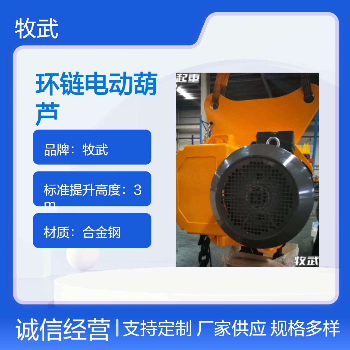 牧武12.5吨双链环链电动葫芦 380V电源 6kW电机 8m起升高度工业用