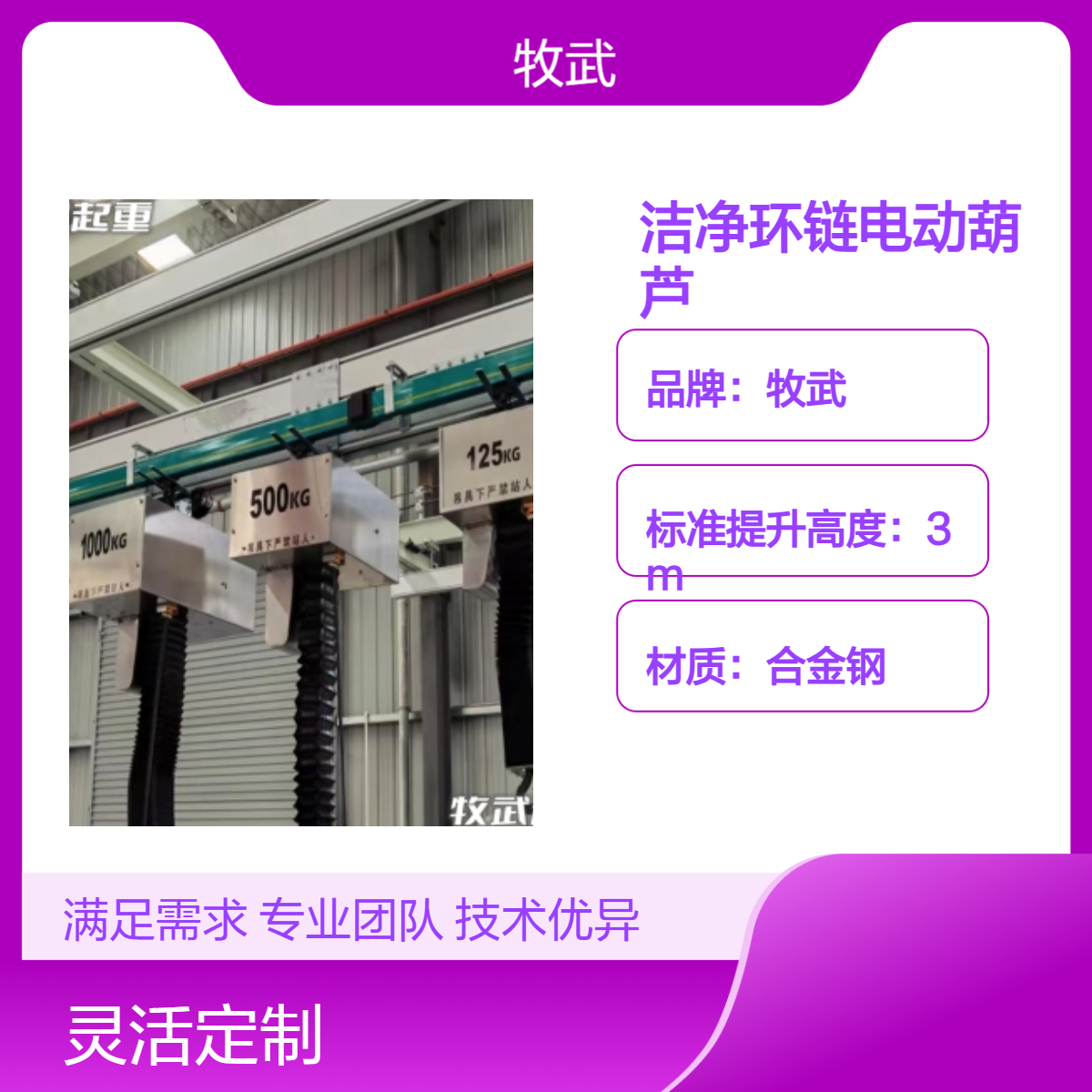 牧武125kg洁净环链电动葫芦 380V 链条风琴罩罩壳不钢材质4m提升