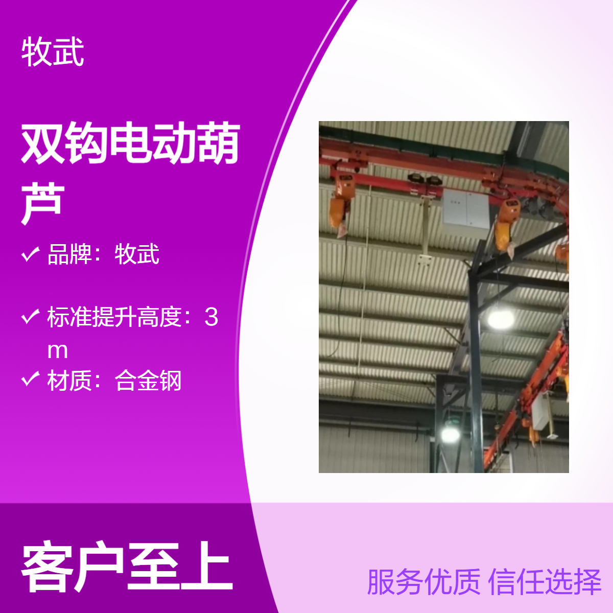 牧武起重2.5t双钩环链电动葫芦 连杆结构 钩间距2米 3kW电机 4m起升