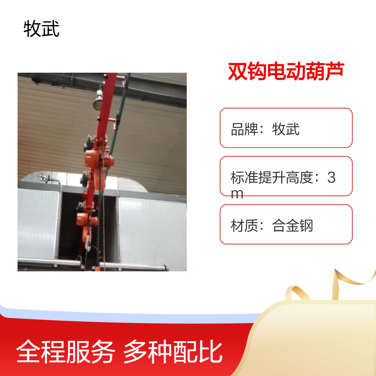 牧武2T双钩电动葫芦 380V环链结构 4m起升汽车电泳前处理线适用