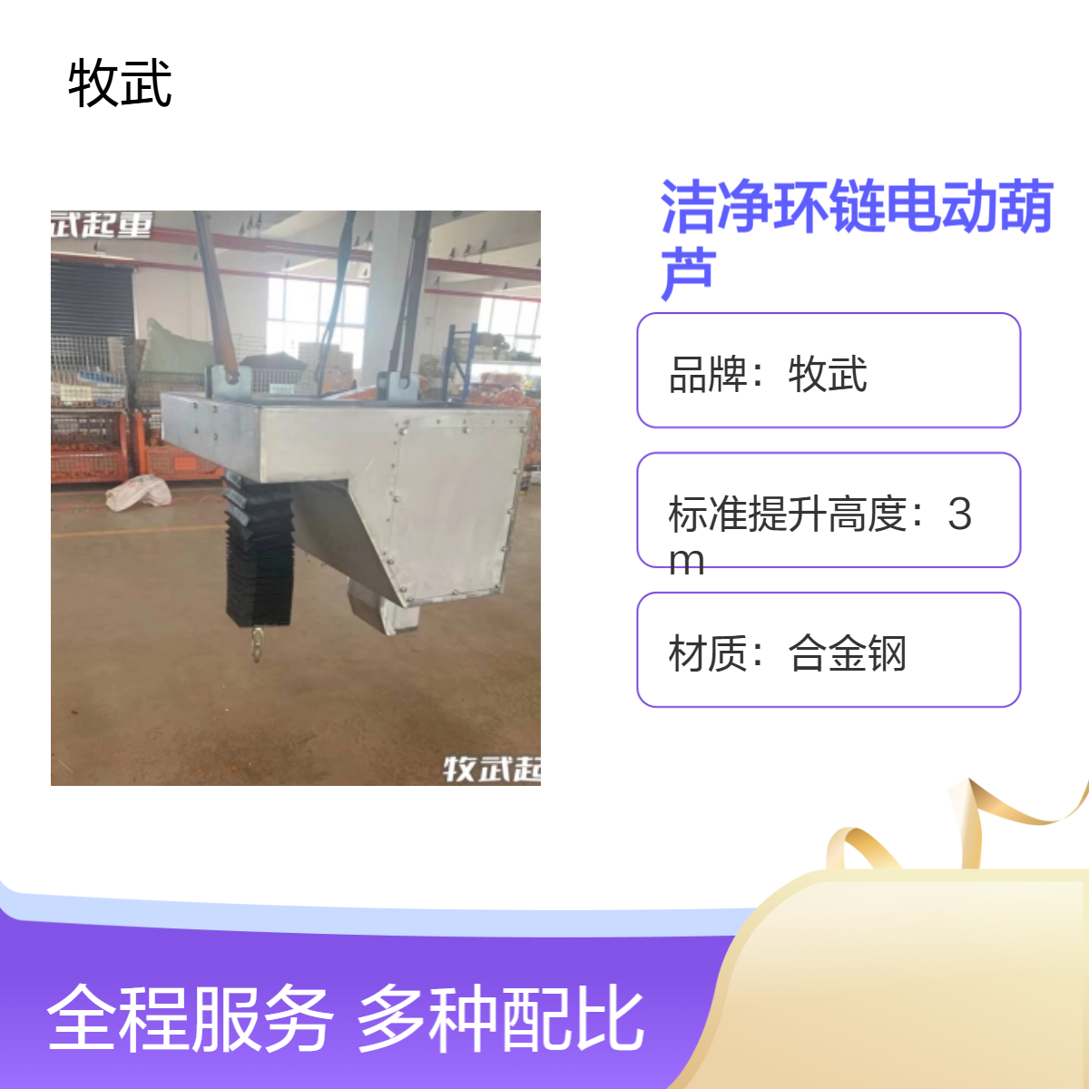 牧武1T洁净环链电动葫芦 无尘车间实验室适用 不锈钢合金材质