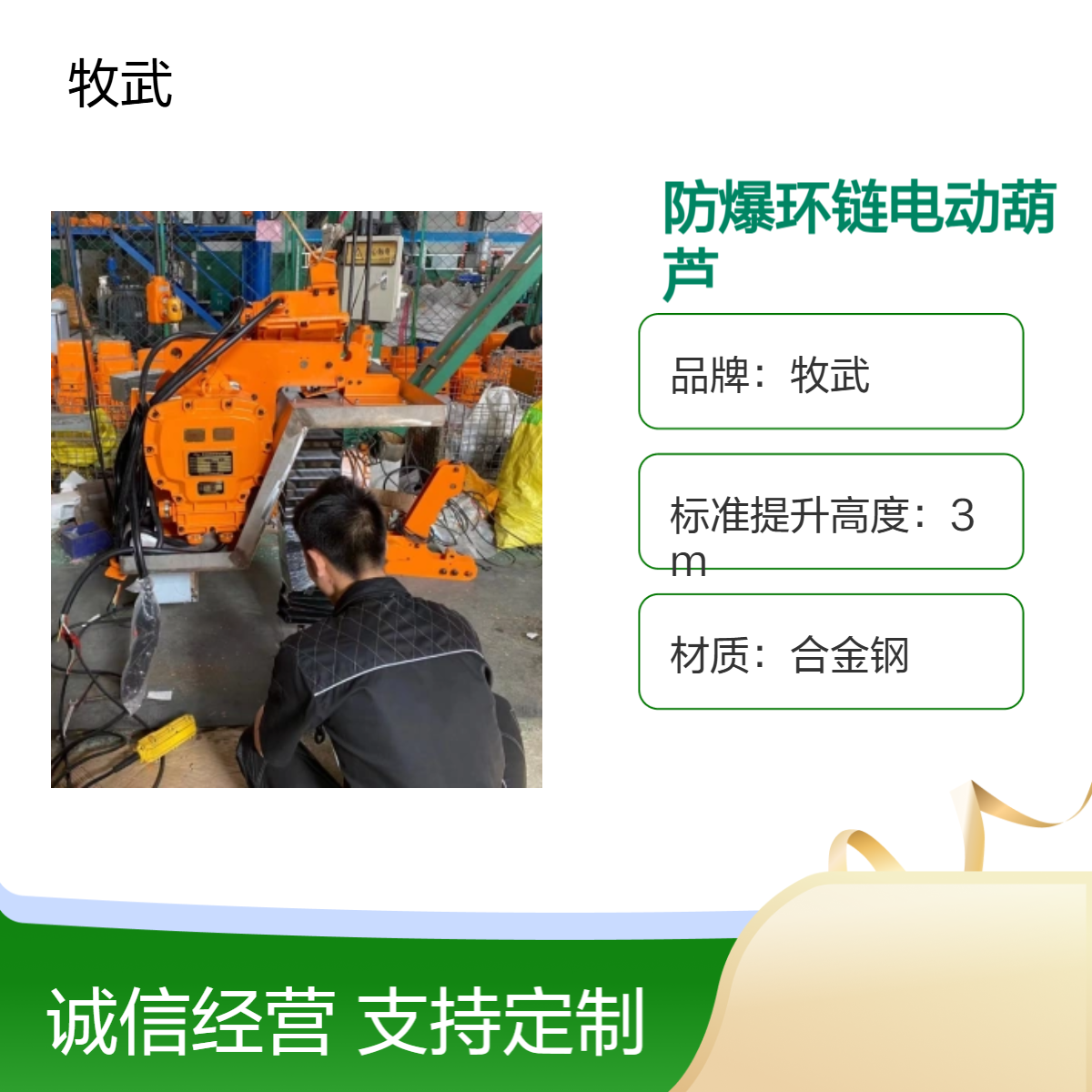 牧武2.9T气体 粉尘洁净防爆环链电动葫芦 合金钢材质 起升高度7m