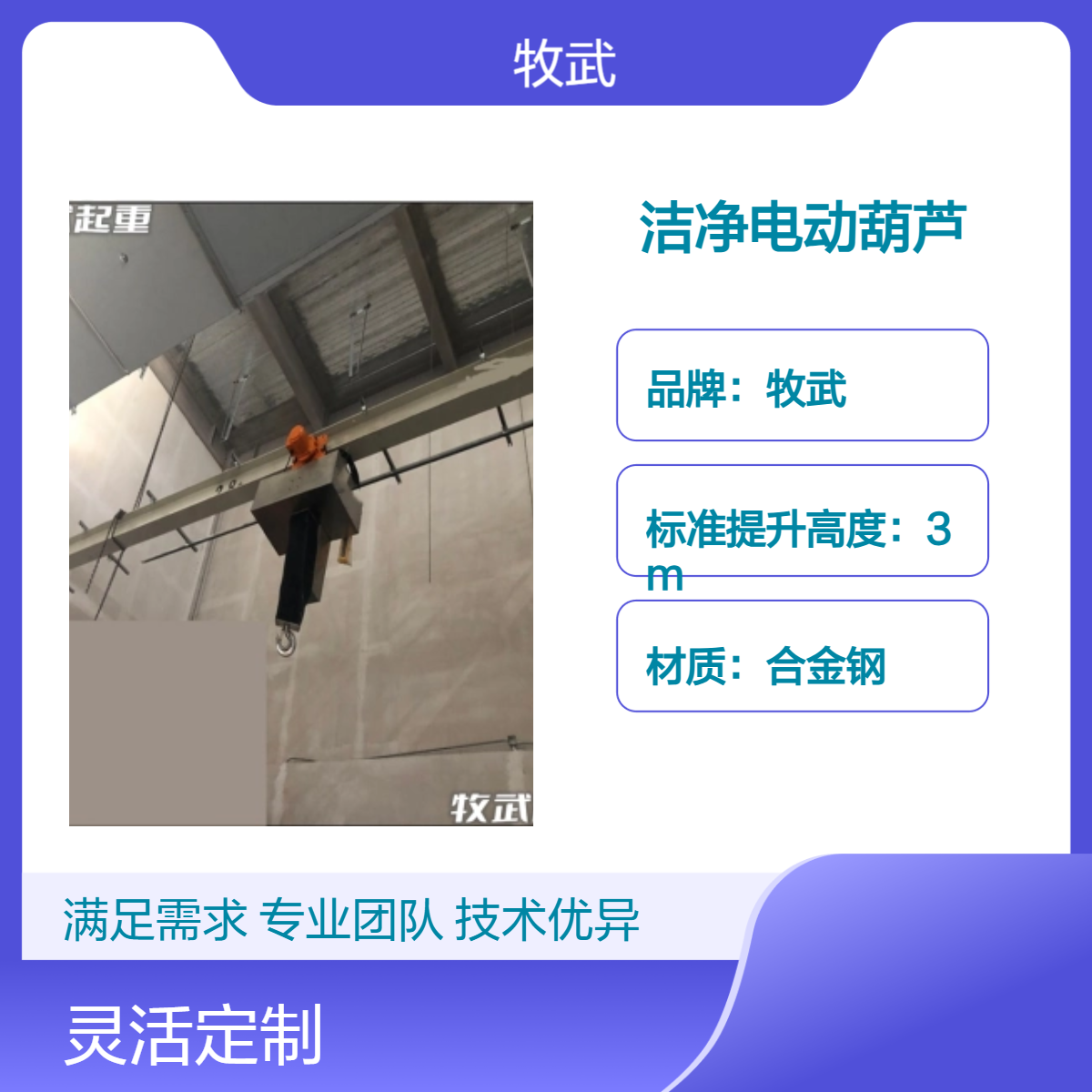 牧武2.5T洁净电动葫芦 6米起升 无尘车间厂房专用起重设备