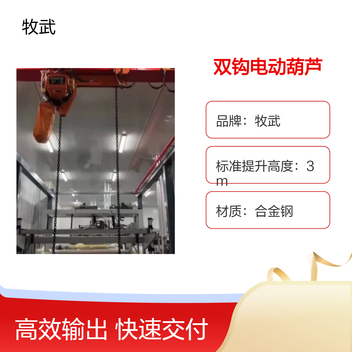 牧武3吨5米双钩电动葫芦 钩间距2.5米 合金钢环链起重机 环形线适用