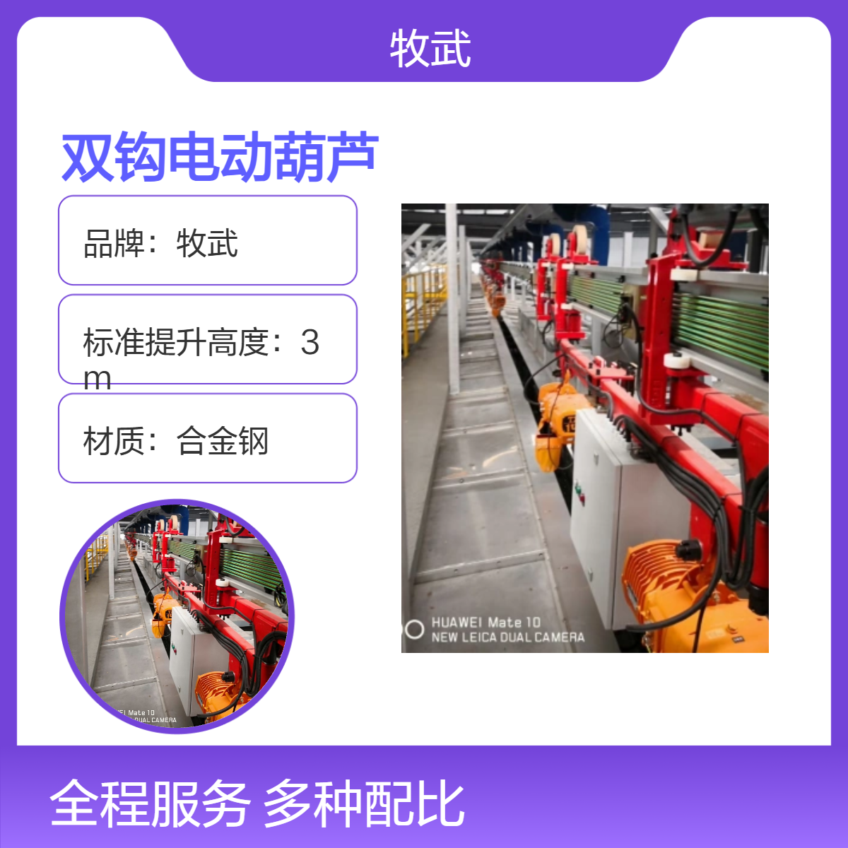牧武2T双钩电动葫芦自行线PLC控制 同步升降 合金钢环链 380V电源