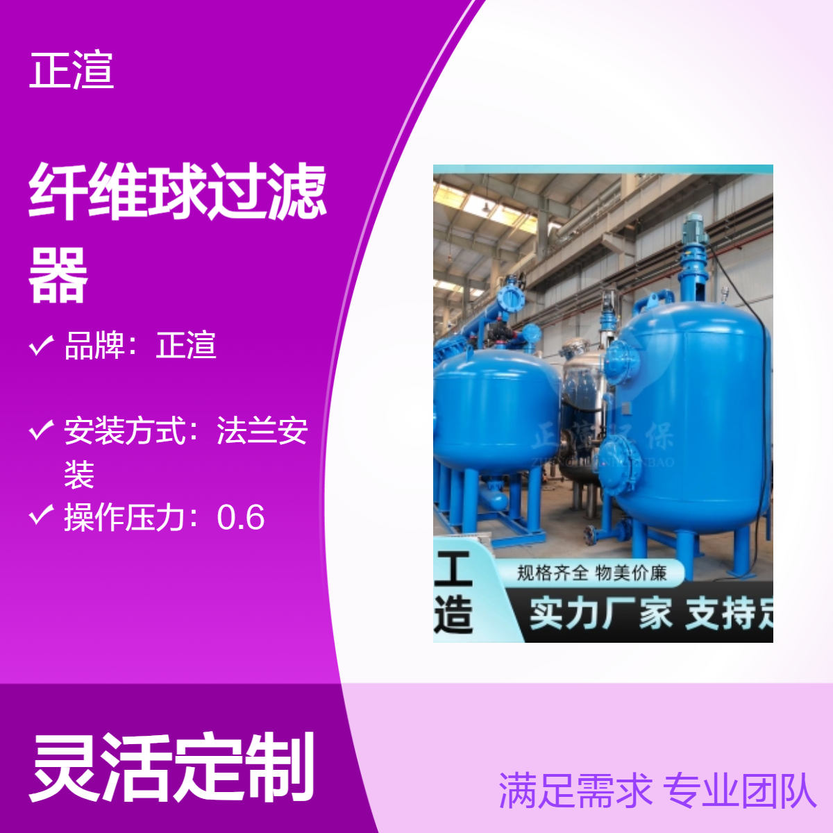 正渲法兰安装纤维球过滤器 304材质10承压 2400处理量水处理设备