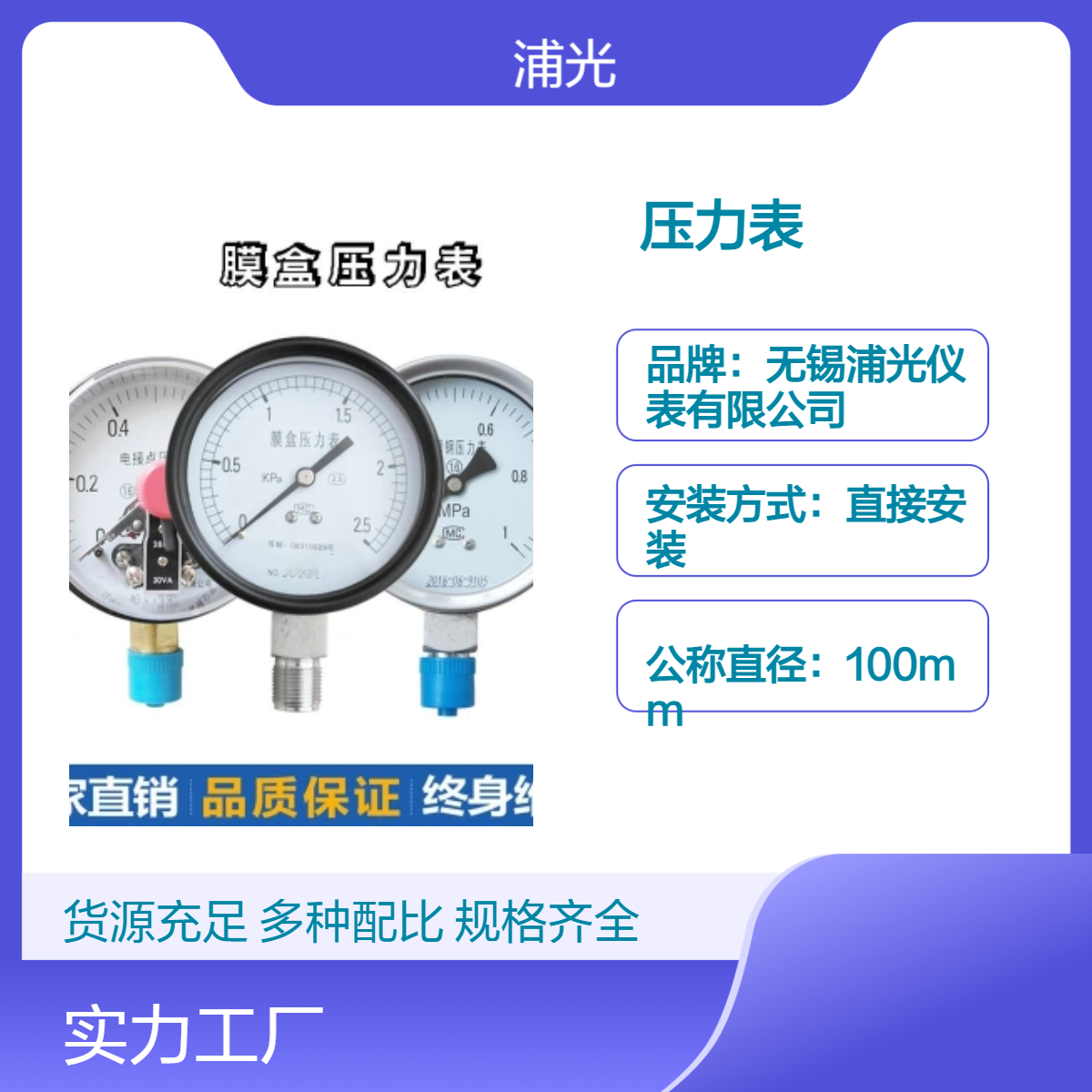 浦光 100mm径向安装IP65防护 1.6级精度压力真空表 稳定测压仪表
