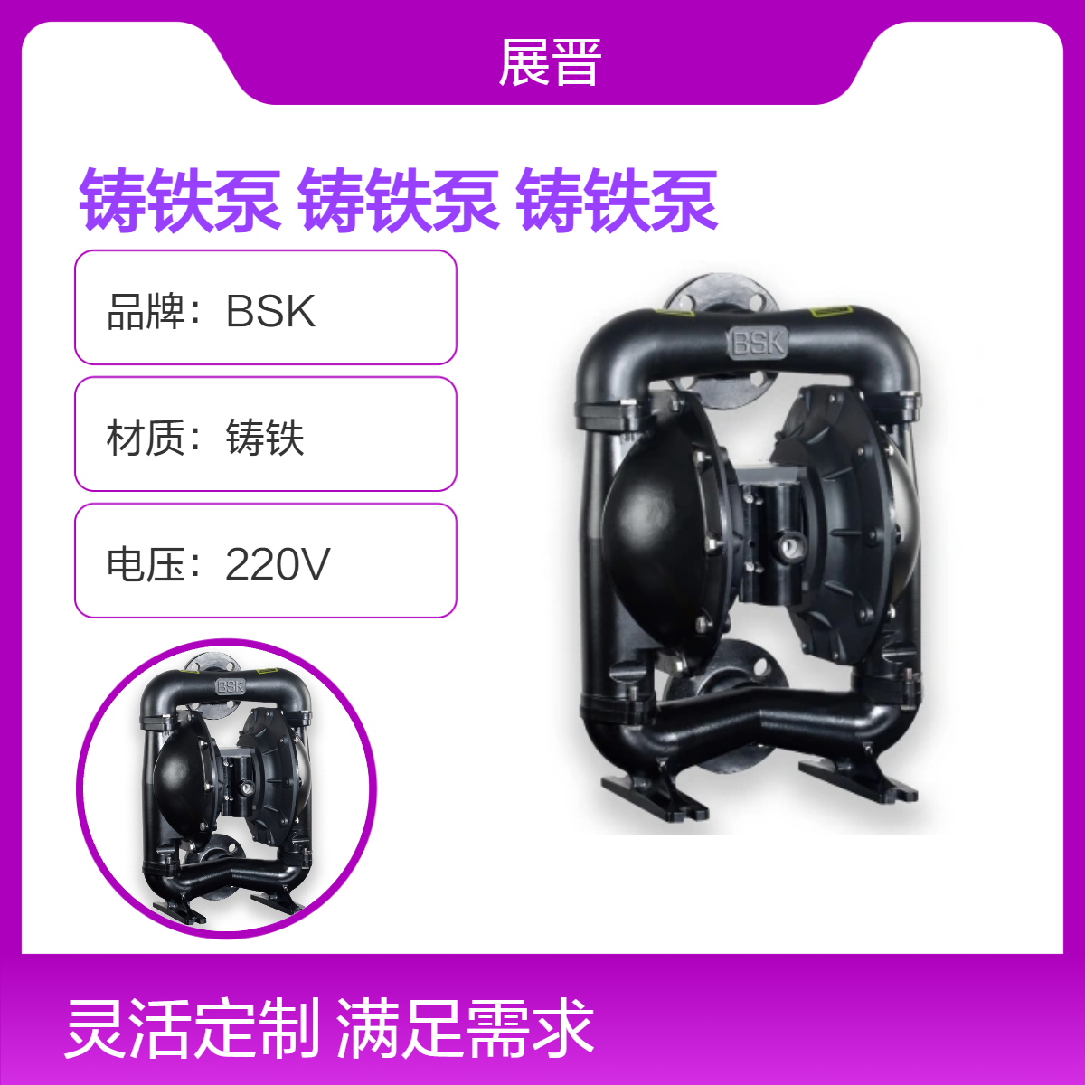 BSK品牌定制色铸铁气动往复泵 220V 70m扬程 耐腐蚀介质输送