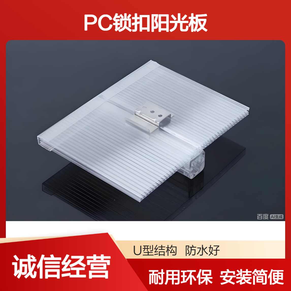 14mm锁扣型PC阳光板 UV共挤蜂窝结构中空板 温室花房屋面U型锁扣板